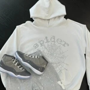 Sp5der OG Rhinestone Logo Hoodie White